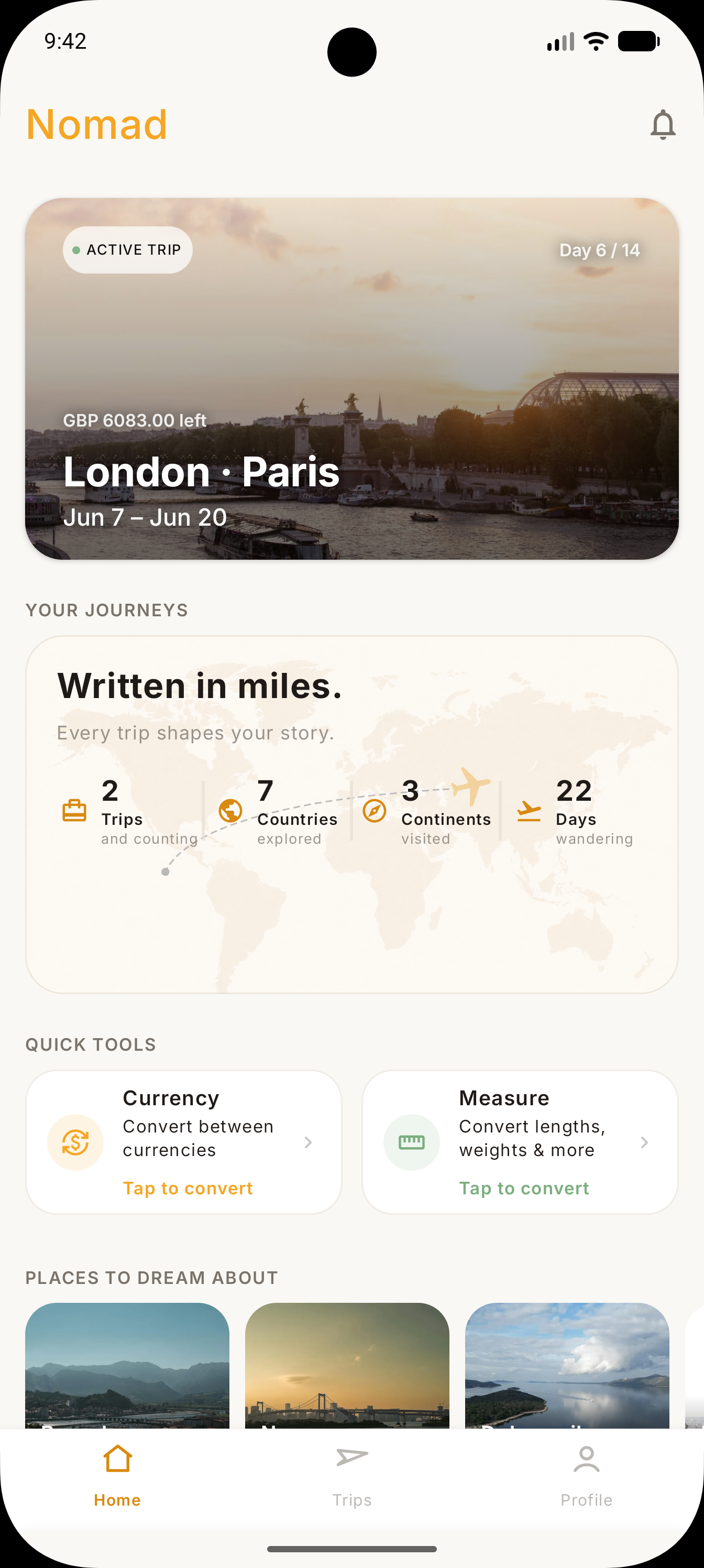 Nomad home screen — active trip