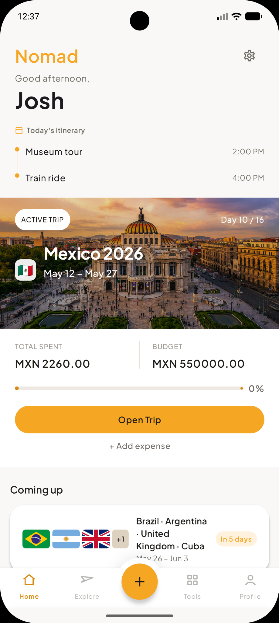 Nomad home screen — active trip