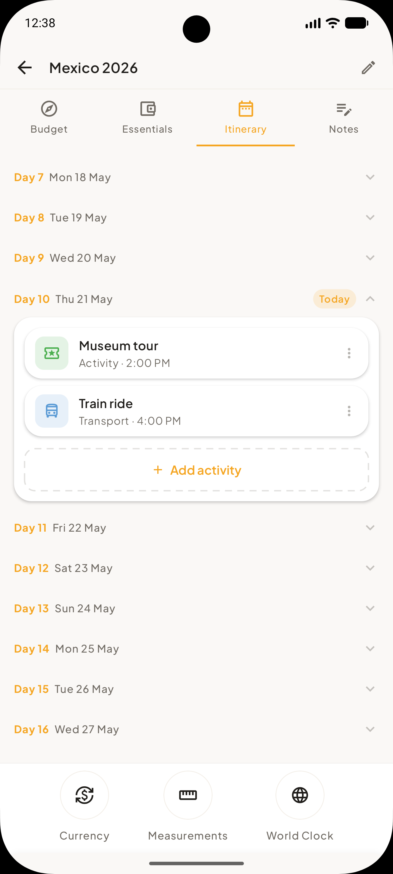 Trip itinerary